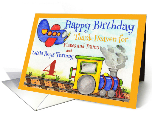 Boy Fourth Birthday Thank Heaven for Little Boys Train and Plane card