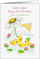 Splish Splash Happy June Birthday Ducklings and Daisy Umbrella card