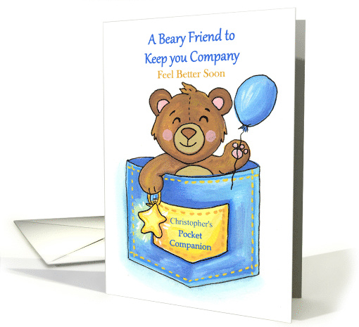 Childs Get Well Soon Cute Teddy Bear Pocket Companion Custom Name card