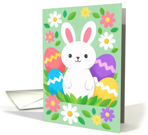 Happy Easter Cute White Bunny Colorful Eggs Green Spring card