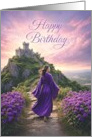 Birthday Woman Walking Toward Castle at Sunset card