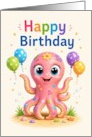 Birthday Cute Pink Octopus With Balloons for Kids card
