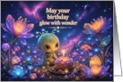 Birthday Alien Among Glowing Cosmic Flowers card