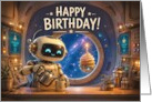 Birthday Friendly Robot Serving Cupcake in Outer Space card