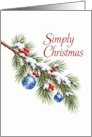 Christmas Snowy Pine Branch With Blue Ornaments card
