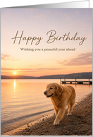 Birthday Golden Retriever Walking Along Peaceful Lakeside at Sunset card