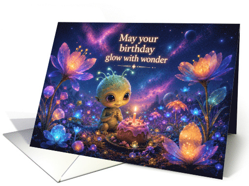 Birthday Alien Among Glowing Cosmic Flowers card (1983668)