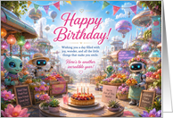 Birthday Futuristic Market with Robots and Aliens