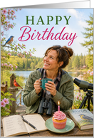 Birthday Birdwatching Woman by Lake with Bluebird