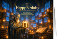 Birthday Wizard With Glowing Gift in Magical Library