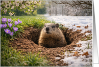 Groundhog Day Groundhog Emerging Between Winter and Spring card