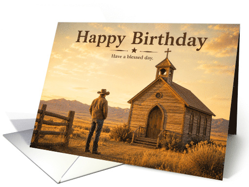 Religious Birthday Cowboy Facing Country Church at Sunset card
