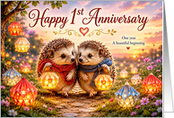 First Anniversary Hedgehogs With Lanterns At Sunset for Spouse card