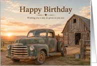 Birthday Vintage Pickup Truck Beside Rustic Barn at Sunset