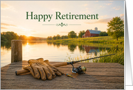 Retirement Farmer Fishing Rod and Barn at Sunset