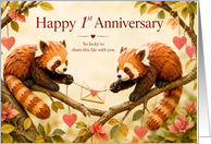 1st Anniversary Red Pandas Sharing Love Letter card