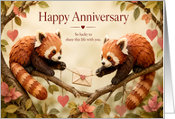 Anniversary Red Pandas Sharing Love Letter on Tree Branch card