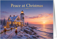 Christmas Lighthouse Cottage by the Sea card