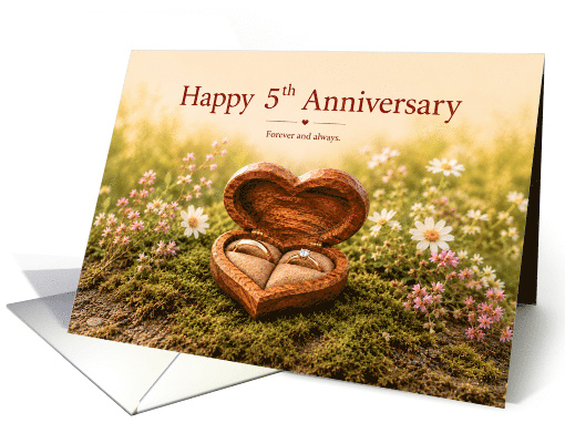 5th Anniversary Wedding Rings in Wooden Heart Shaped Box card