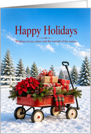 Christmas Red Wagon with Gifts and Poinsettias card