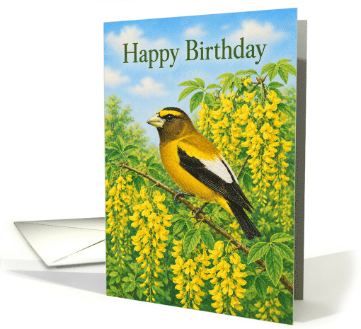 Birthday Evening Grosbeak with Golden Chain Flowers card (1994982)