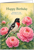 Birthday Rose Breasted Grosbeak with Pink Peonies card