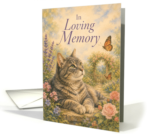 Pet Sympathy Tabby Cat in Butterfly Flower Garden card (1997160)