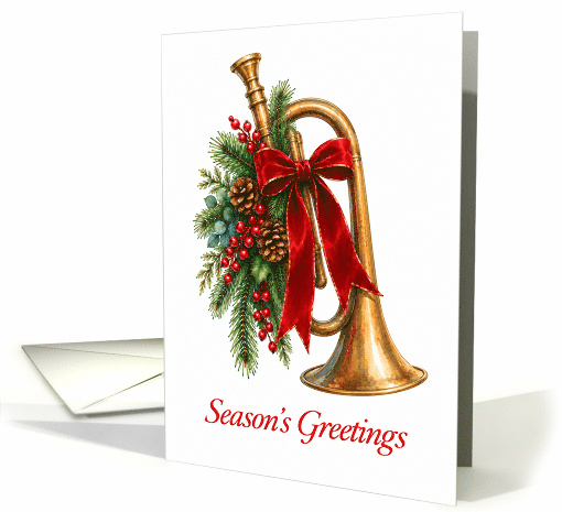 Christmas Brass Horn with Evergreen Berries and Red Bow card (2000756)