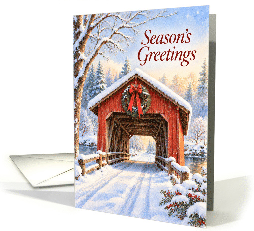 Christmas Season's Greetings Snowy Red Covered Bridge card (2001114)