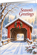 Christmas Season&rsquo;s Greetings Snowy Red Covered Bridge card