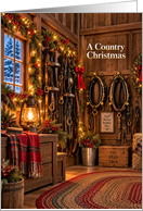 Christmas Country Barn With Horse Tack and Holiday Greenery card
