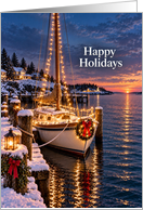 Christmas Sailboat With Holiday Lights at Snowy Harbor card