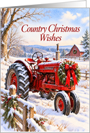 Christmas Red Farm Tractor in Snowy Countryside card