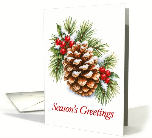 Christmas Snowy Pinecone with Holly Berries and Evergreen card