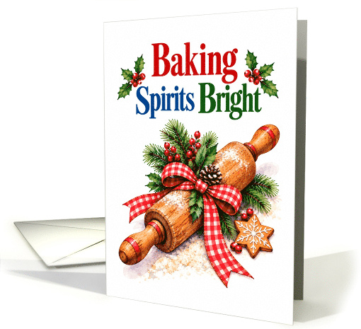 Christmas Baking Rolling Pin Holly Berries and Gingerbread card