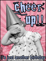 happy birthday,funny,cheer up,child, girl, cousin, relative, family, sad, upset, getting older, party hat, pink,