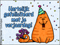 gefeliciteerd met je verjaardag, happy birthday, birthday card in dutch, dutch, nederlands,  nederlandse verjaardagskaart, feest, feest hoedje,  celebration, language card, confetti, bloemen, bouquet, cat, kitty, poes, kater