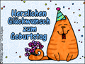 Alles Gute zum Geburtstag, happy birthday, birthday card in German,  german,  celebration, language card, confetti, Deutsch, Herzlichen Glückwunsch, gratuliere, cat, kitty, katze, party hat, bouquet,