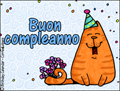Buon compleanno,  happy birthday, birthday card in Italian,  Italiano,  celebration, language card, confetti, auguri, congratulazioni, cat, kitty, bouquet, party hat, gatto, gatta