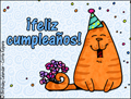 feliz cumpleaos, happy birthday, birthday card in Spanish,  celebration, language card, confetti,  Espaol, fiesta, cat, kitty, party hat, bouquet, gato