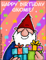 birthday,happy birthday,gnomie,friend,pall,present,animated card,buddy,comrade,homie,homeboy,garden gnome