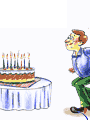 birthday everyone, uncle, jump, cake